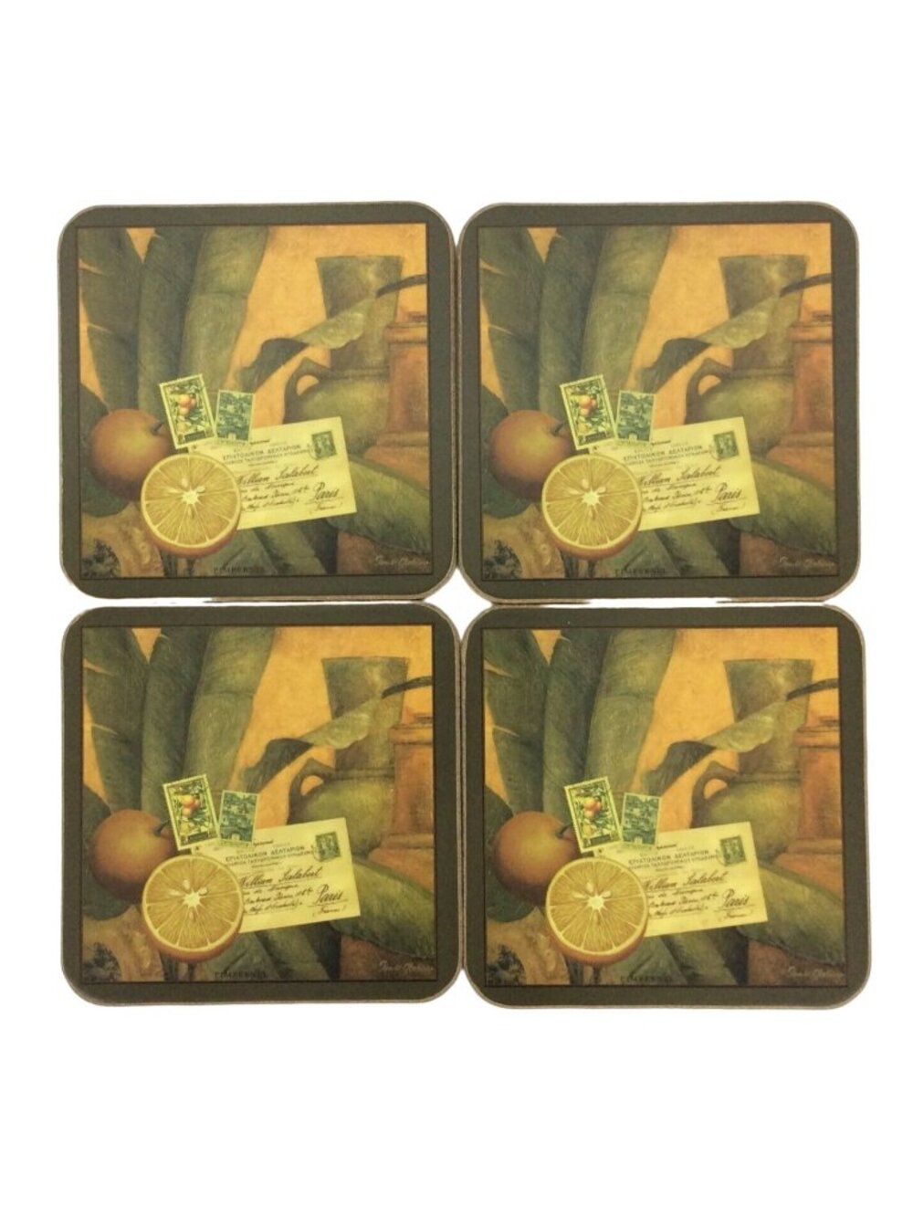 Pimpernel Set Of 4 Coasters Cork Backing Tangerines Stamps Postcard Design
